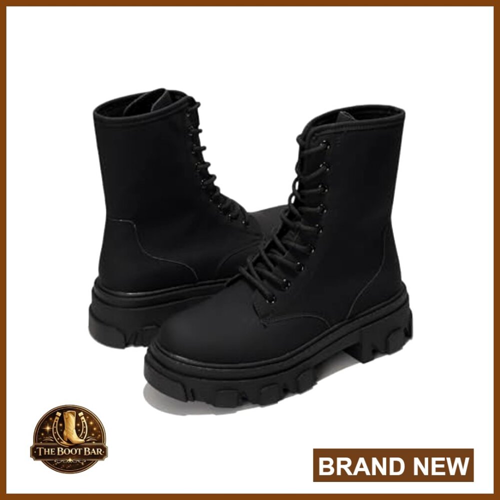 Chunky Heel Combat Boots Platform Ankle Booties Lace Up Streetwear - Picture 6 of 7